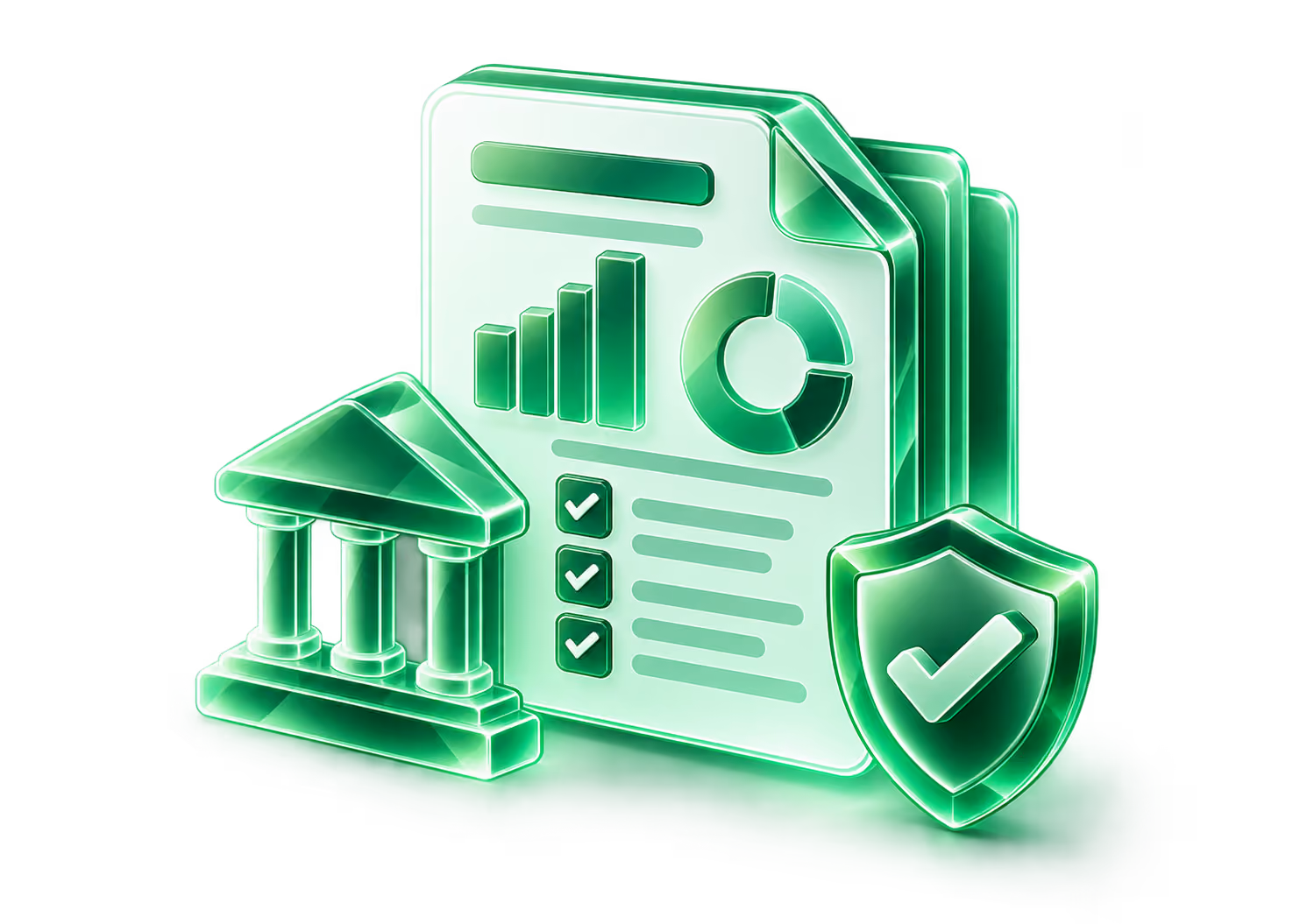 Glowing green glass icon featuring stacked financial report sheets with bar and pie charts and checklists, accompanied by a classical bank building and a shield with a checkmark symbolizing security.