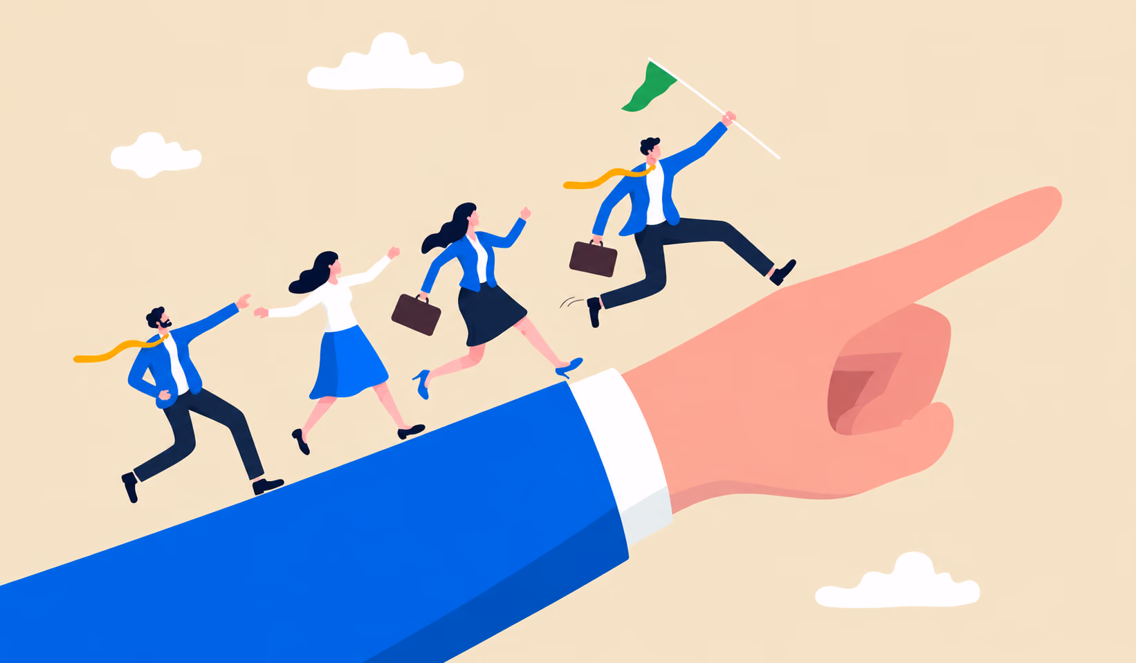 Illustration of four business people running and jumping forward on a large pointing hand, with the lead person holding a green flag, symbolizing guided teamwork toward success.