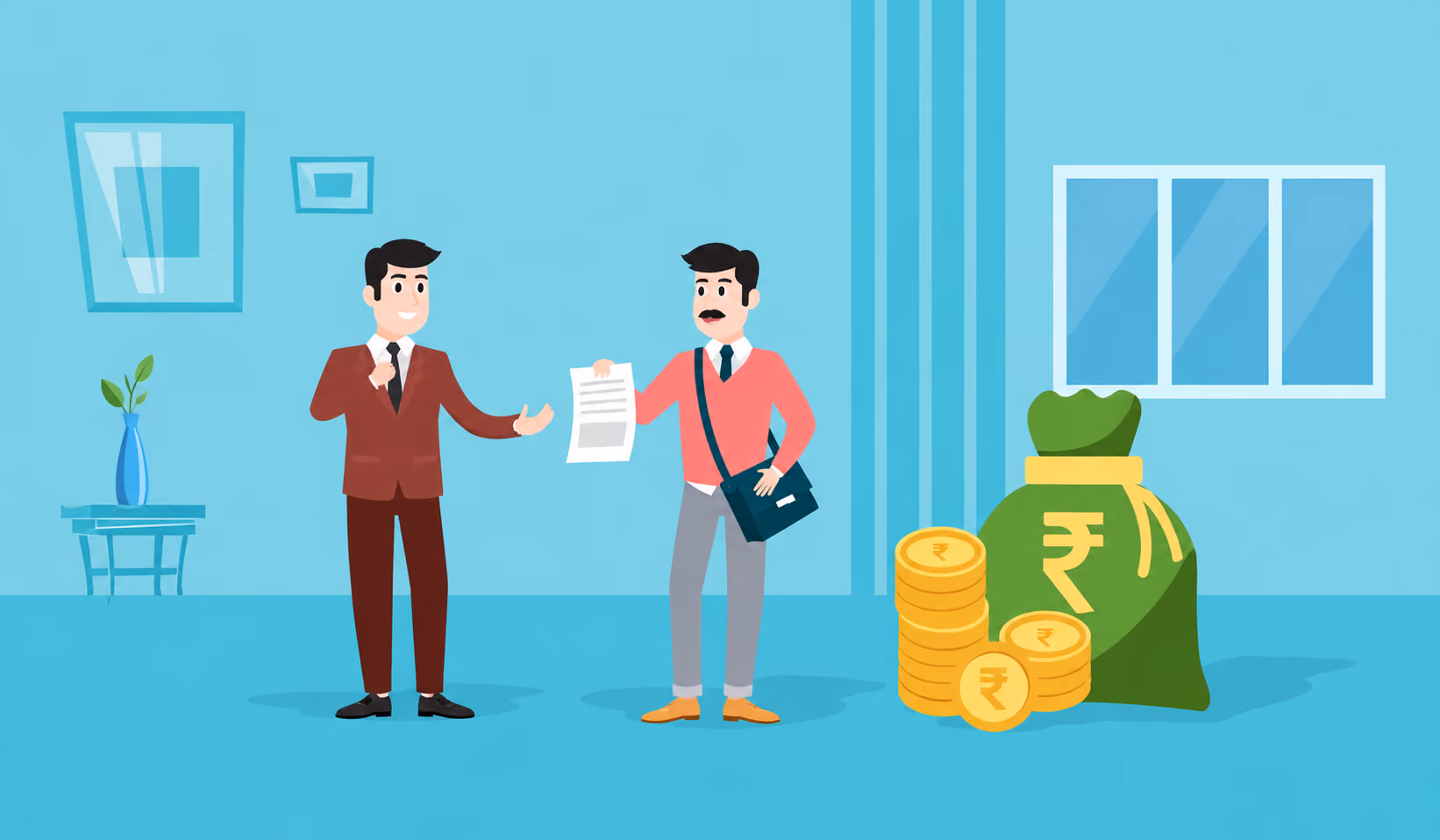 Illustration of two businessmen in an office discussing documents, with a large green money bag and stacks of gold coins symbolizing investment or finance.