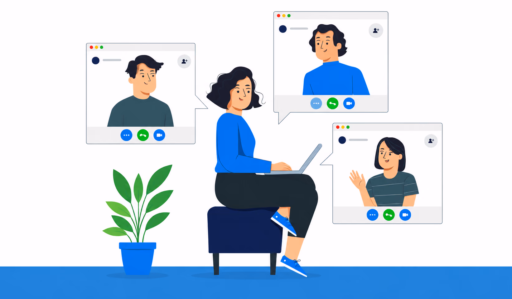 Illustration of a woman sitting on a stool using a laptop, engaging in a remote video conference with three people shown in separate video call windows around her.