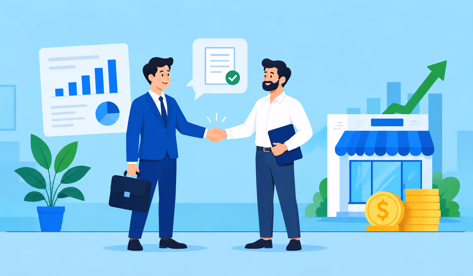Two men shaking hands symbolizing a successful business deal; one holds a briefcase, the other a folder, with background elements including a bar chart, pie chart, and a storefront with a rising green arrow and stacked coins indicating financial growth.