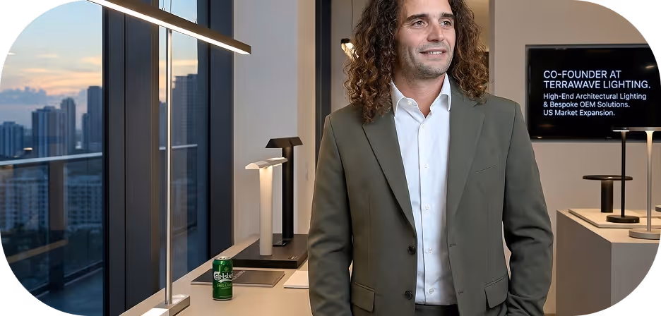 Man with curly hair in a suit stands in a modern office with architectural lights and city view.