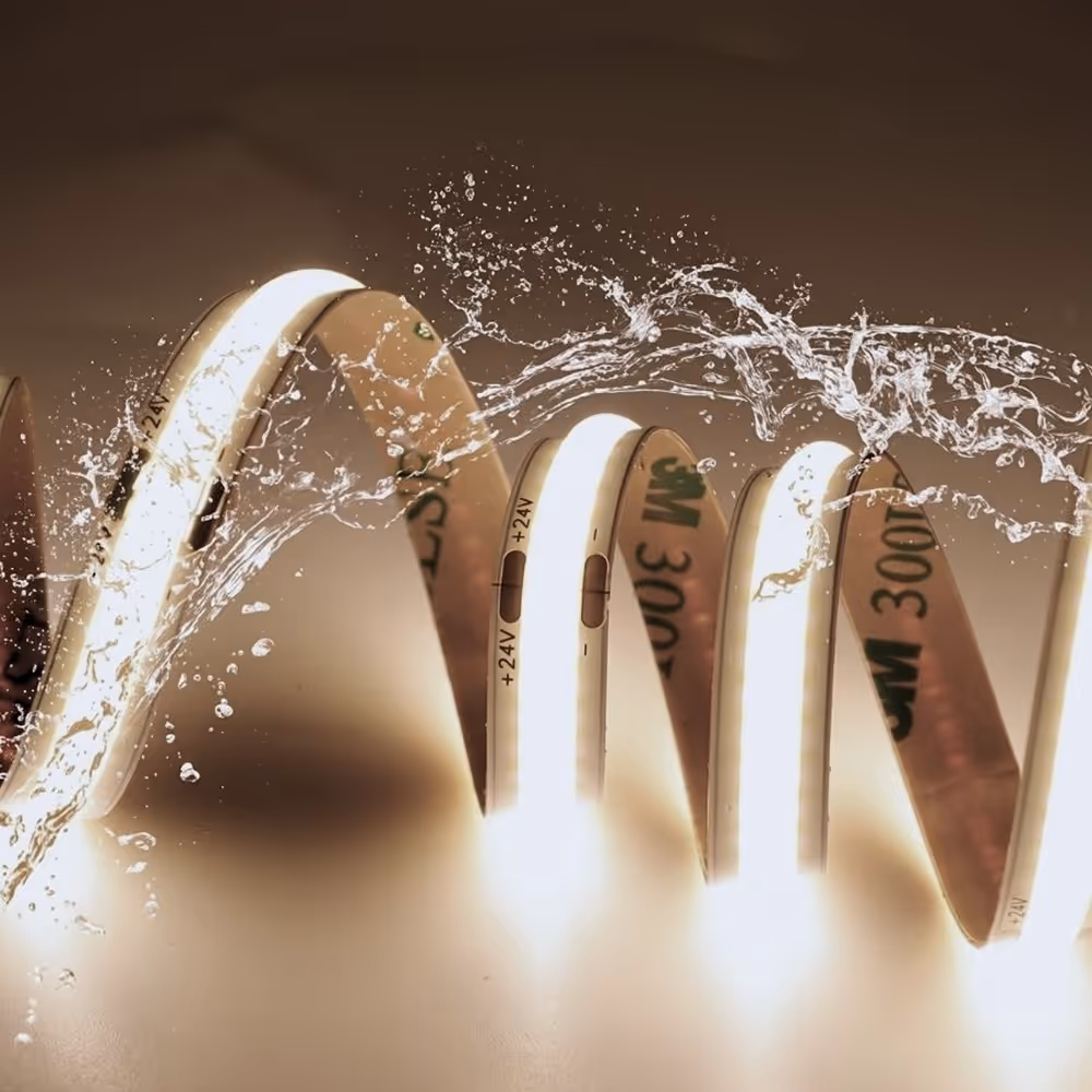 Bright flexible LED light strip with water splashing over it, showing waterproof feature.