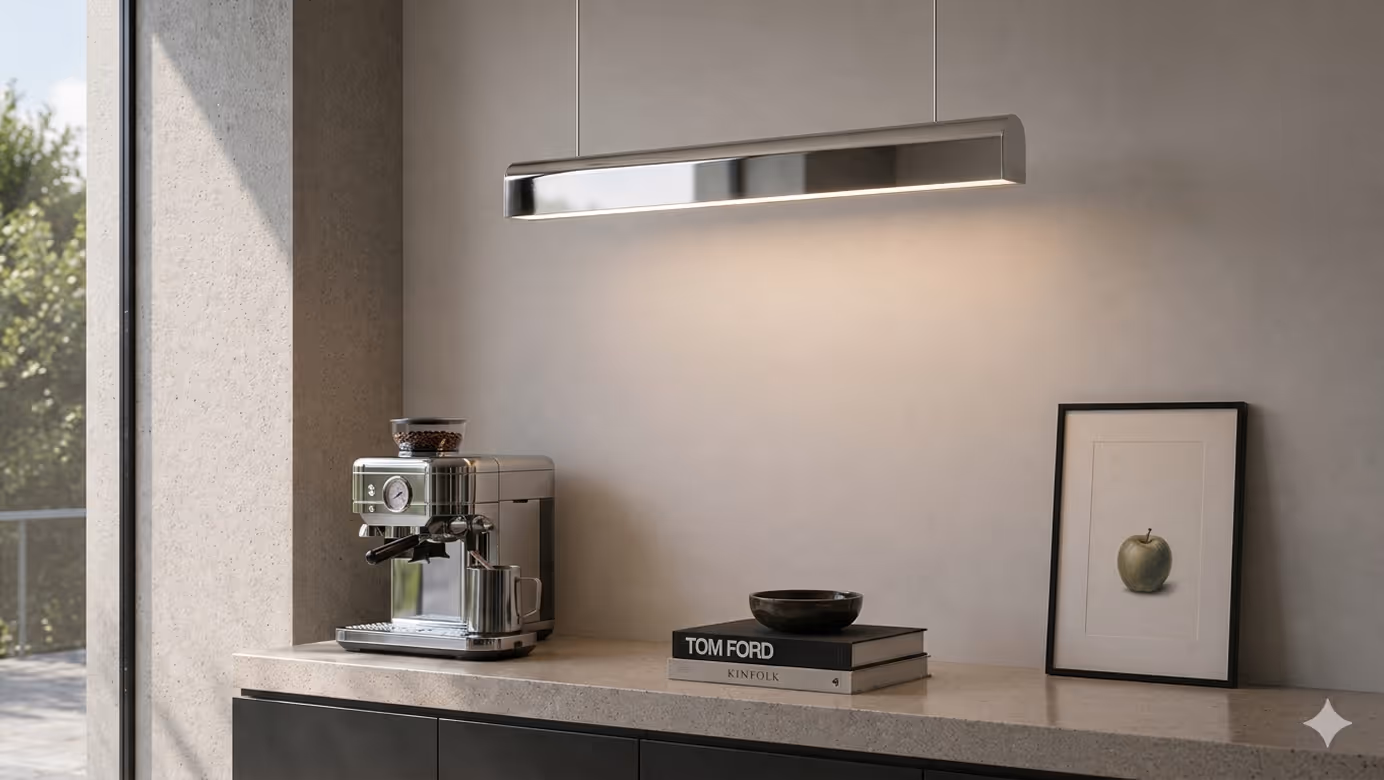 Modern kitchen counter with espresso machine, two books, a bowl, and framed apple print under hanging light.