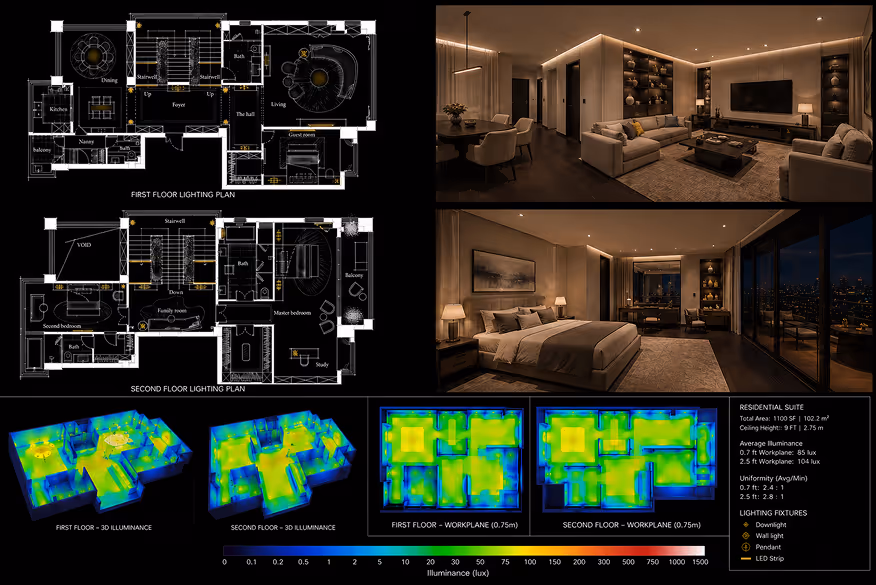 Composite of floor lighting plans, living and bedroom photos, and 3D illuminance heatmaps with lighting data.