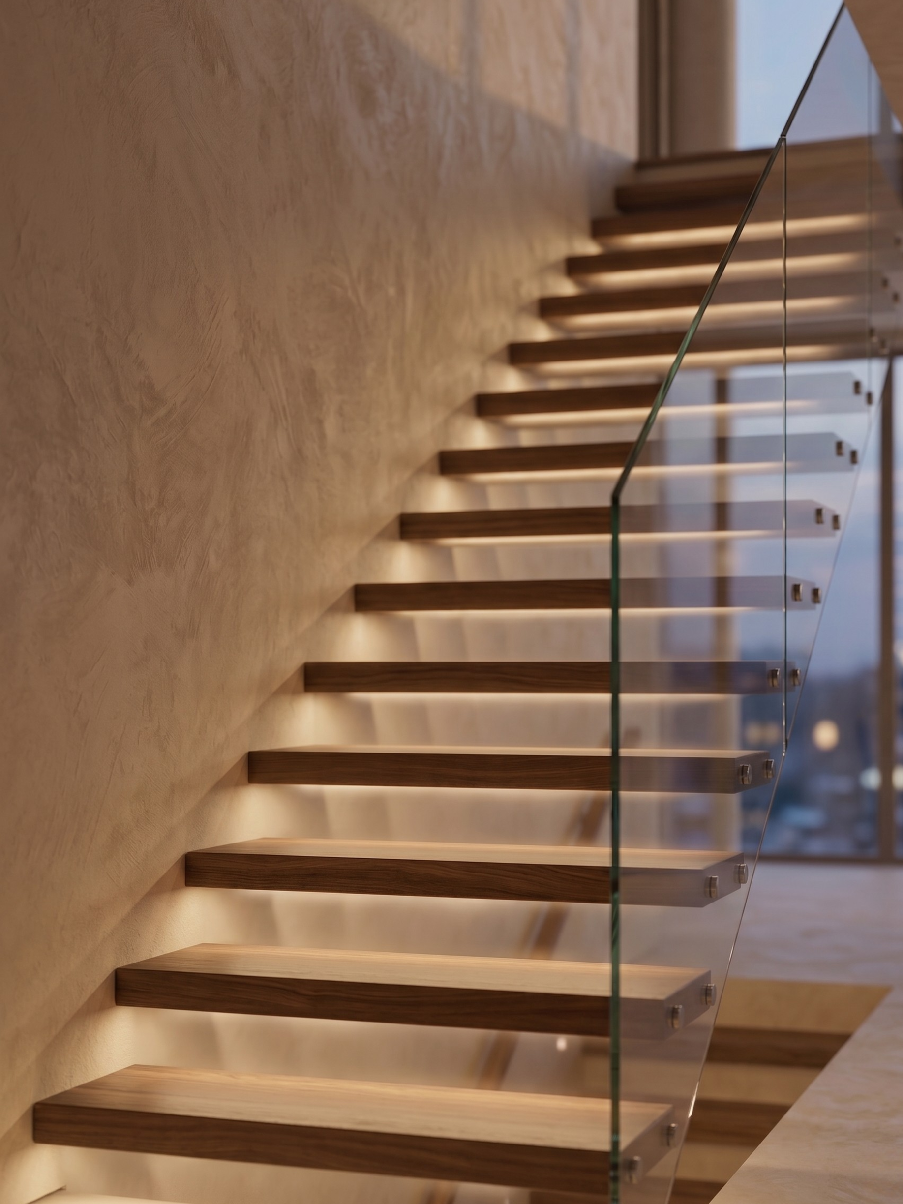 Modern wooden floating staircase with glass railing and soft under-step lighting.