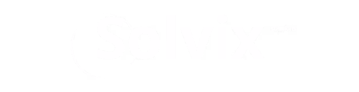 Solvix Solutions logo with stylized text and circular design elements on black background.