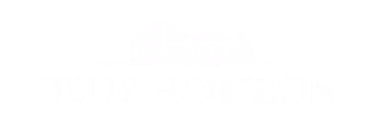 Logo with a modern house silhouette above the text BLUE HORIZON.