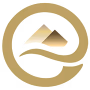 Gold spiral design encircling two gold triangular shapes on a black background.