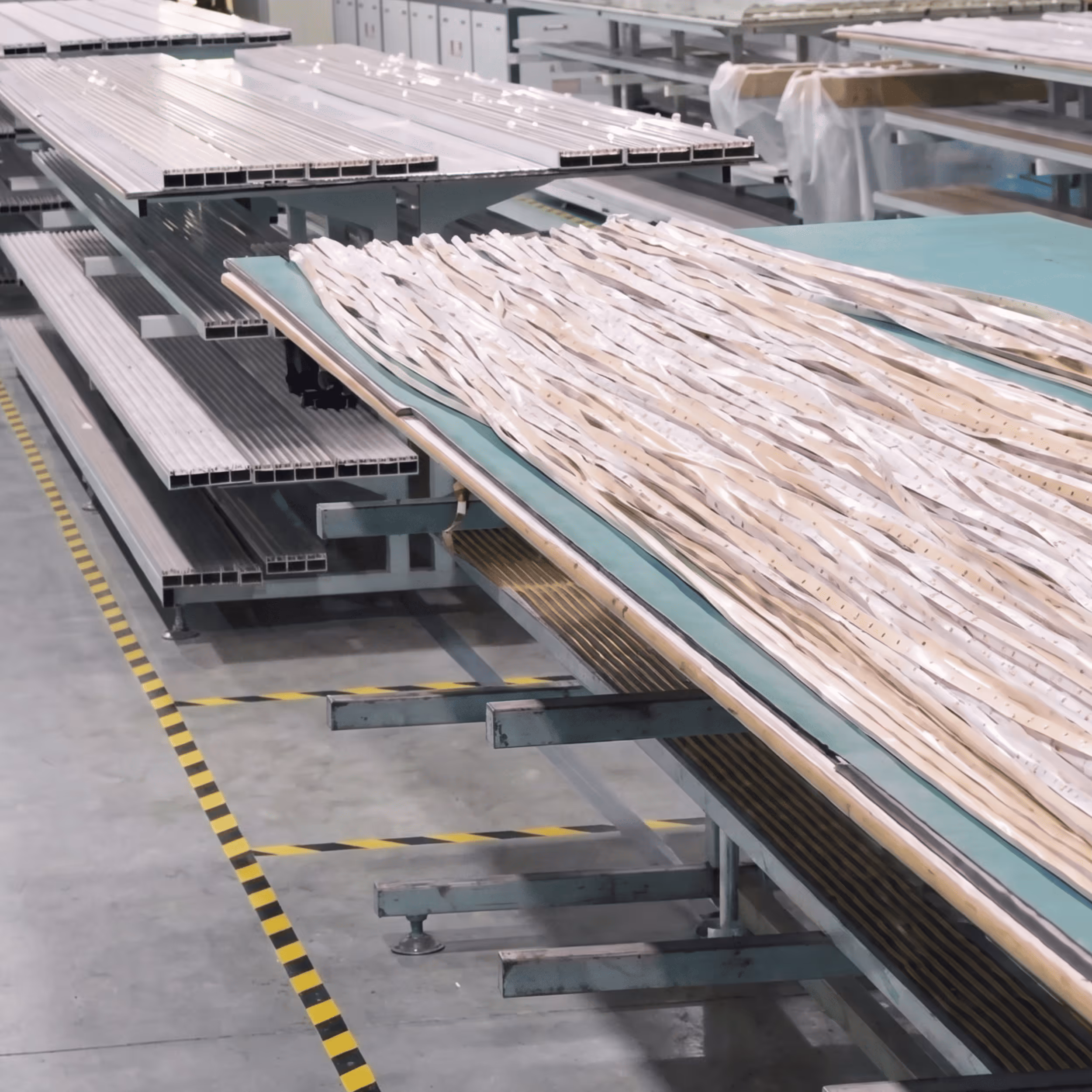 Long metal strips arranged on racks alongside a factory floor with marked safety zones.