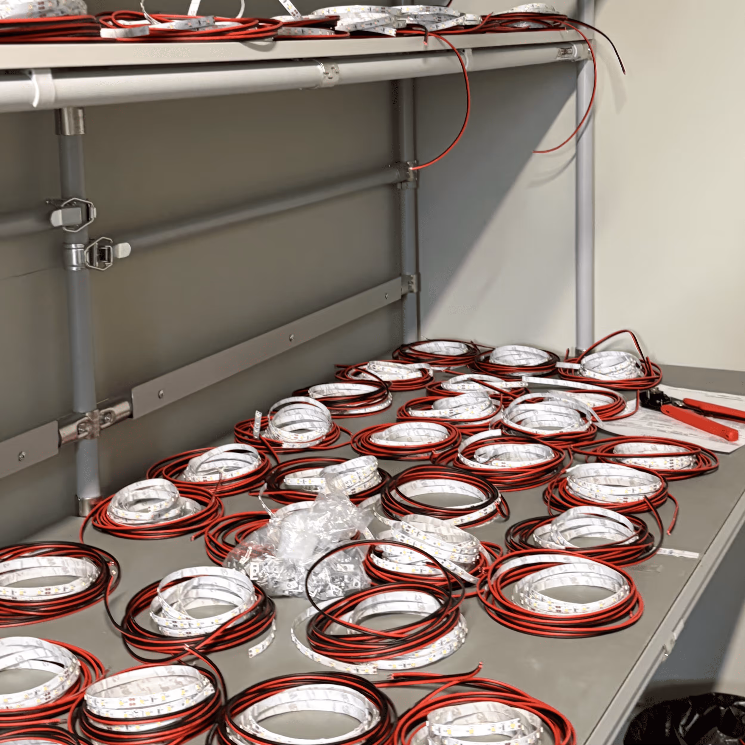 Coiled LED strip lights with red and black wires neatly arranged on a gray metal workbench.