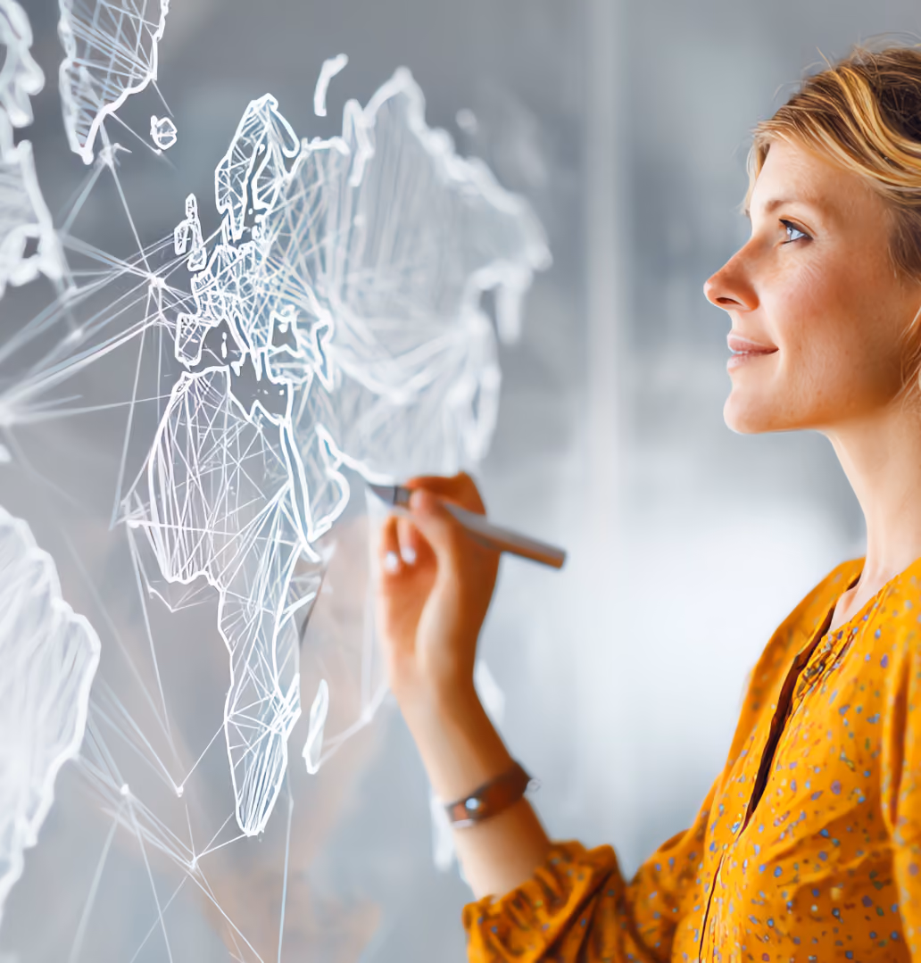 Woman smiling and drawing on international map