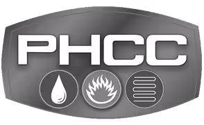 PHCC logo with icons for water, fire, and heating elements underneath.
