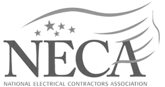 Logo of the National Electrical Contractors Association with five stars above and stylized swoosh lines on the right.