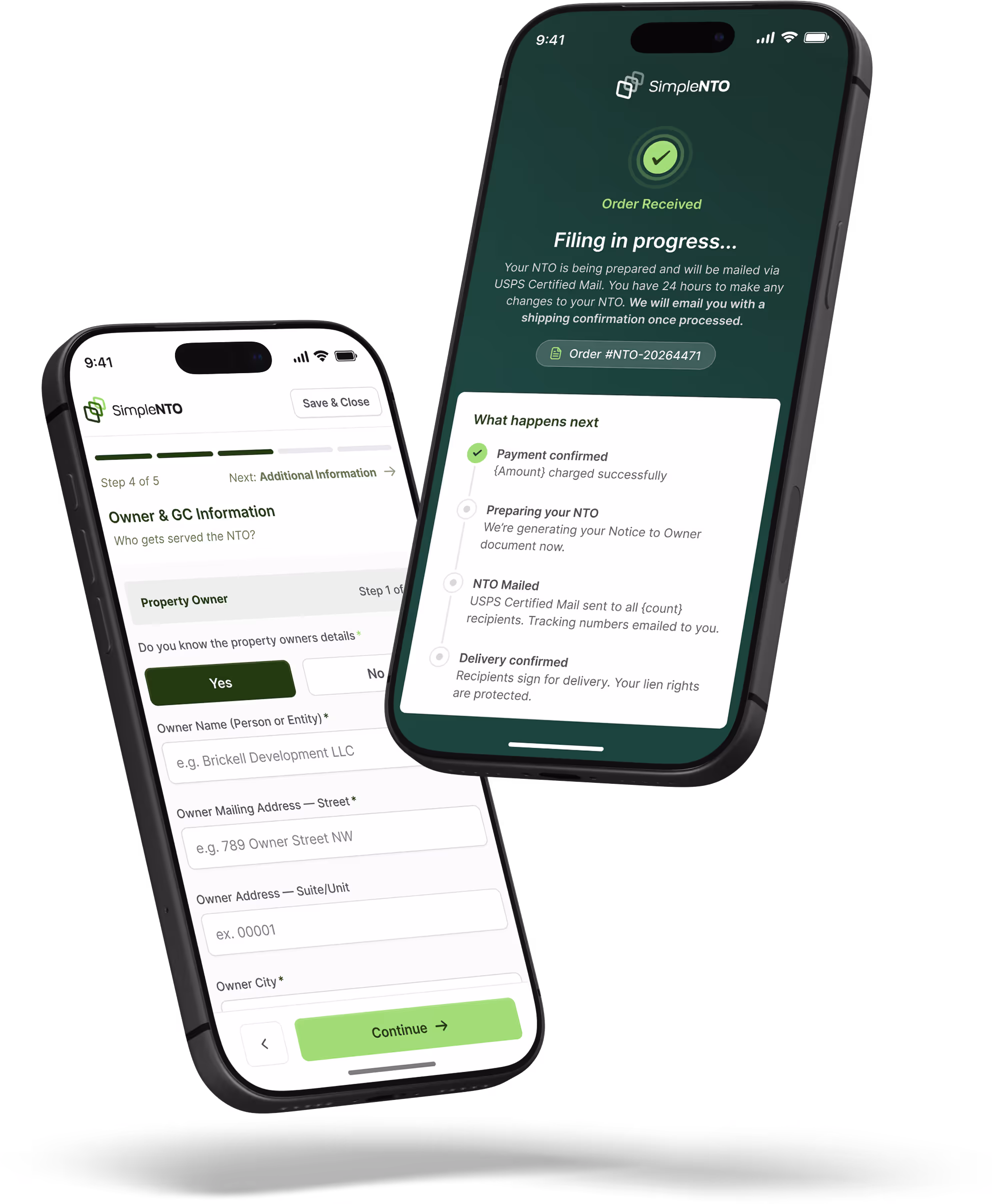 SimpleNTO app showing Florida NTO form and confirmation screens