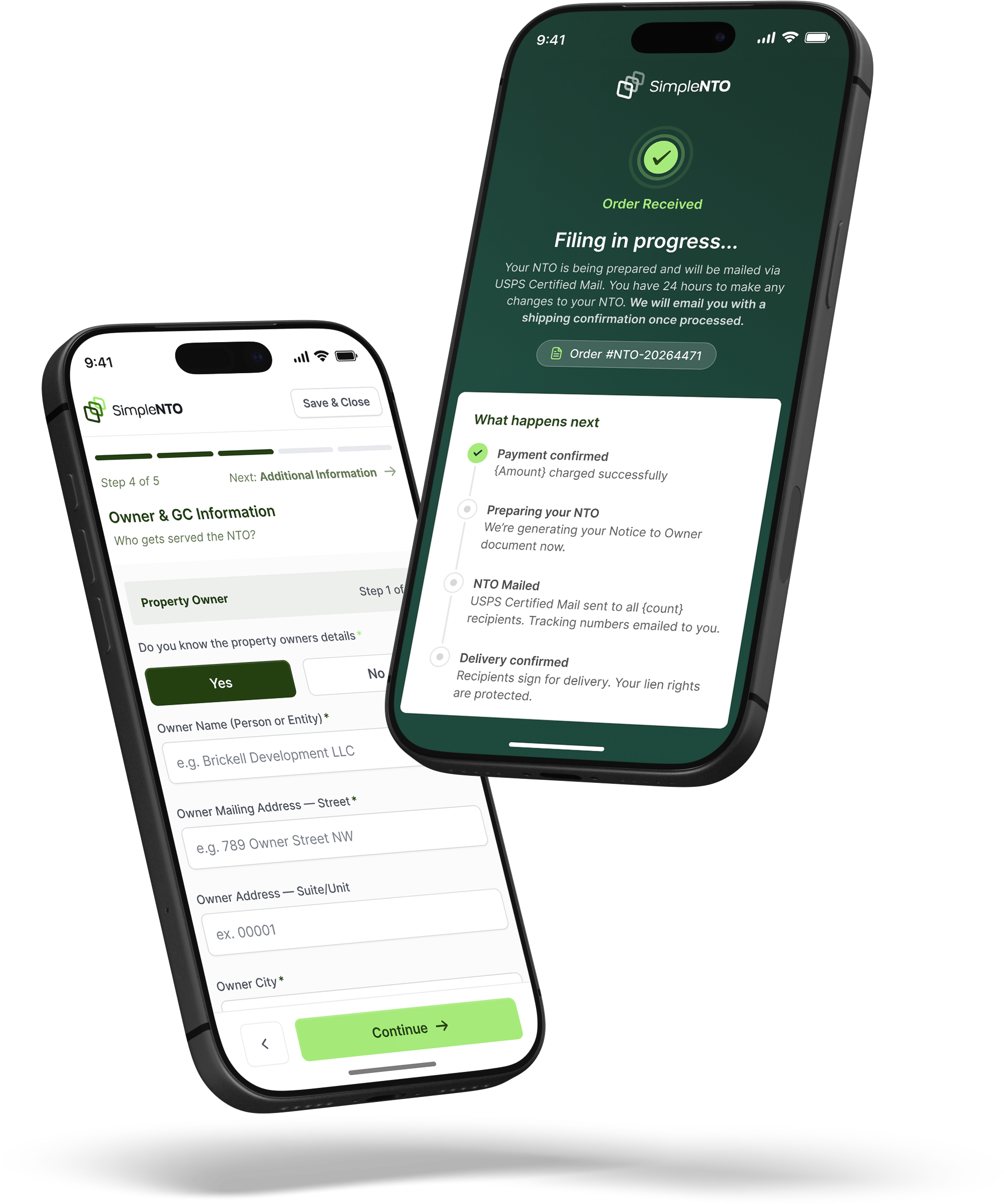 Two smartphones showing SimpleNTO app screens: one with a form for property owner details and another showing filing progress and order confirmation.