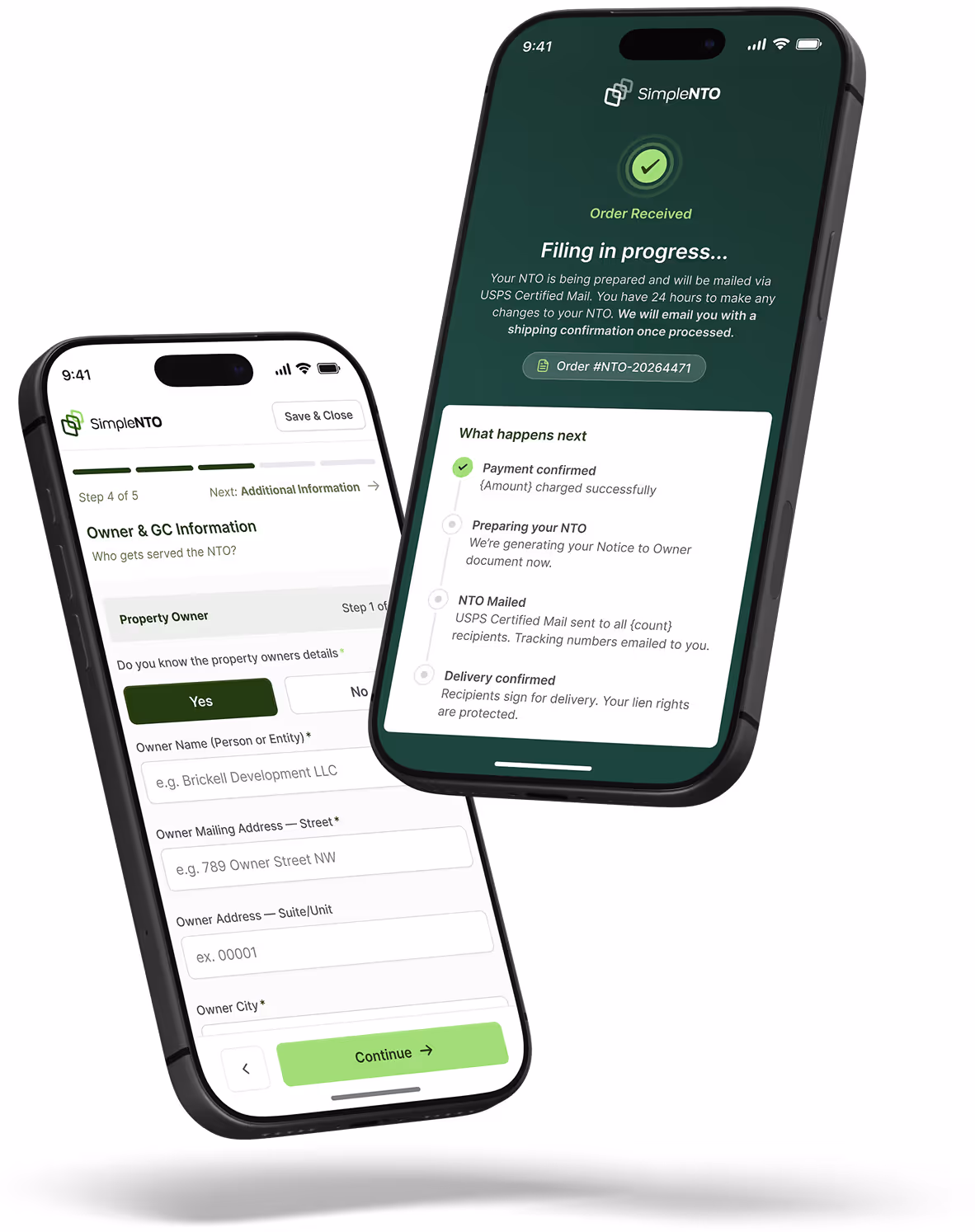 SimpleNTO app showing Florida NTO form and confirmation screens