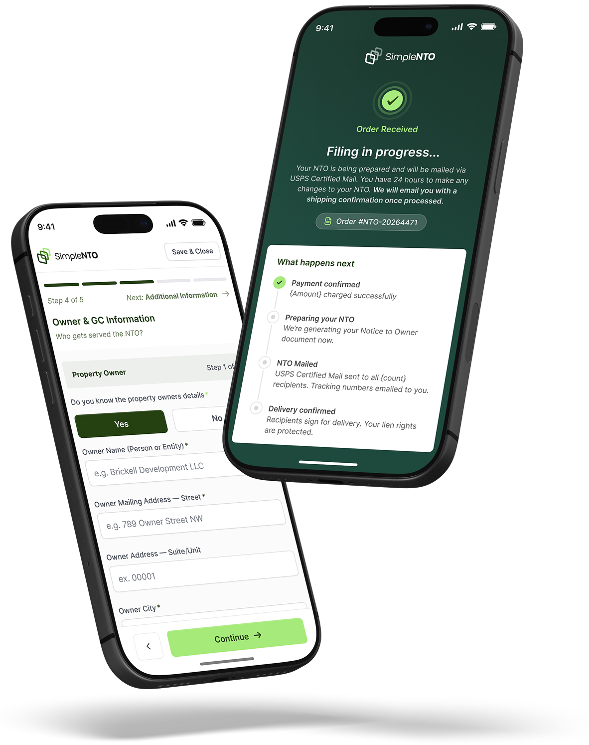 Two smartphones showing SimpleNTO app screens, one with a form to enter property owner details and another with a filing progress and order confirmation status.