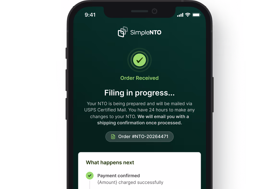 SimpleNTO order confirmation showing NTO filing status