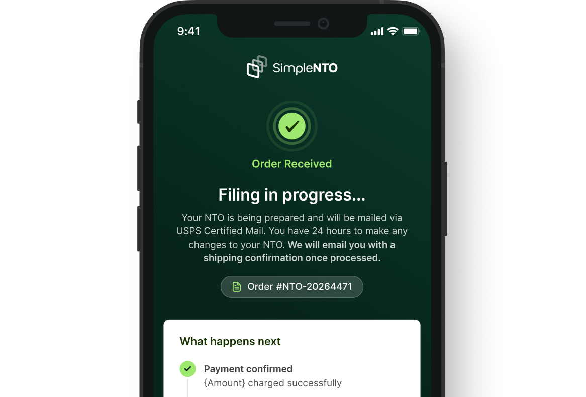 Mobile phone screen showing SimpleNTO order confirmation with filing in progress and order number NTO-20264471.