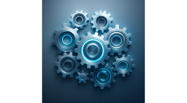 Blue metallic gears arranged in circular pattern on dark gradient background