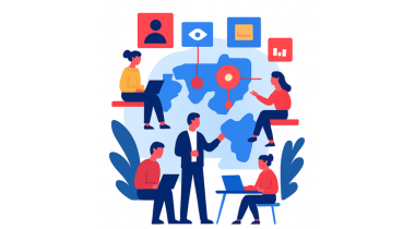 Business team collaborating with communication icons and networking symbols in modern illustration.