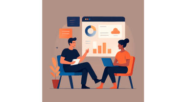 Two professionals analyzing data charts and graphs on laptop screen during business meeting