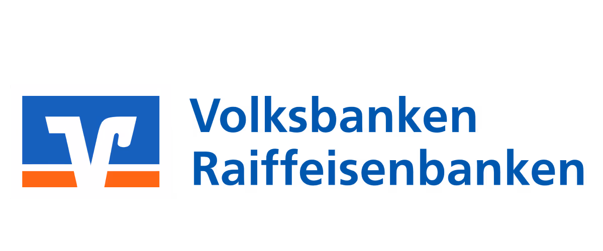 Logo der Volksbanken Raiffeisenbanken mit blauem und orangefarbenem Symbol und Schriftzug
