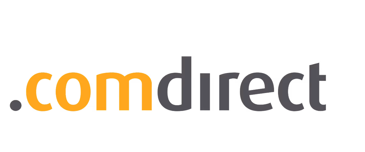 Logo der comdirect Bank mit den Buchstaben .com orange und direct grau.