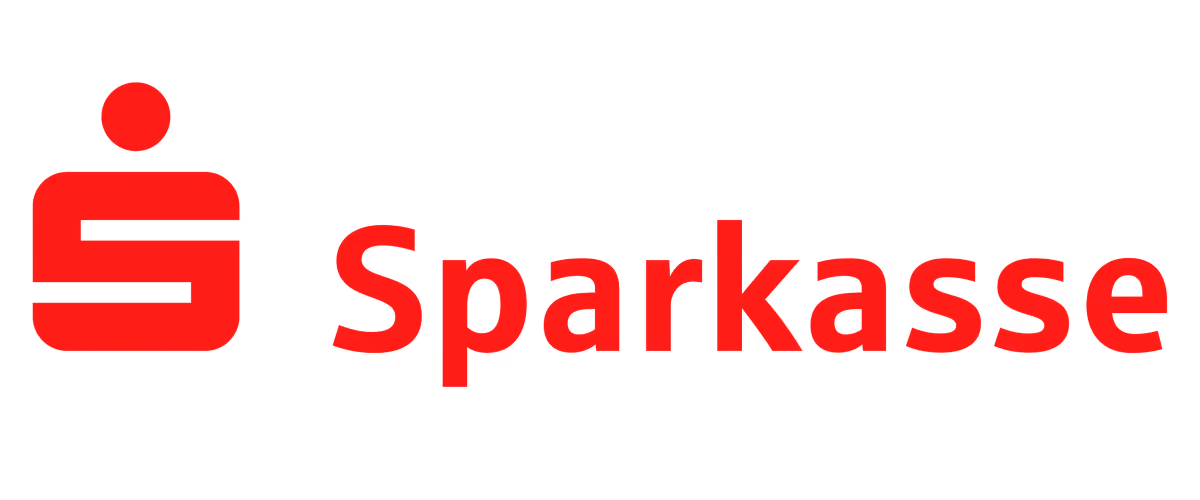 Logo der Sparkasse mit rotem Symbol und Schriftzug auf schwarzem Hintergrund.