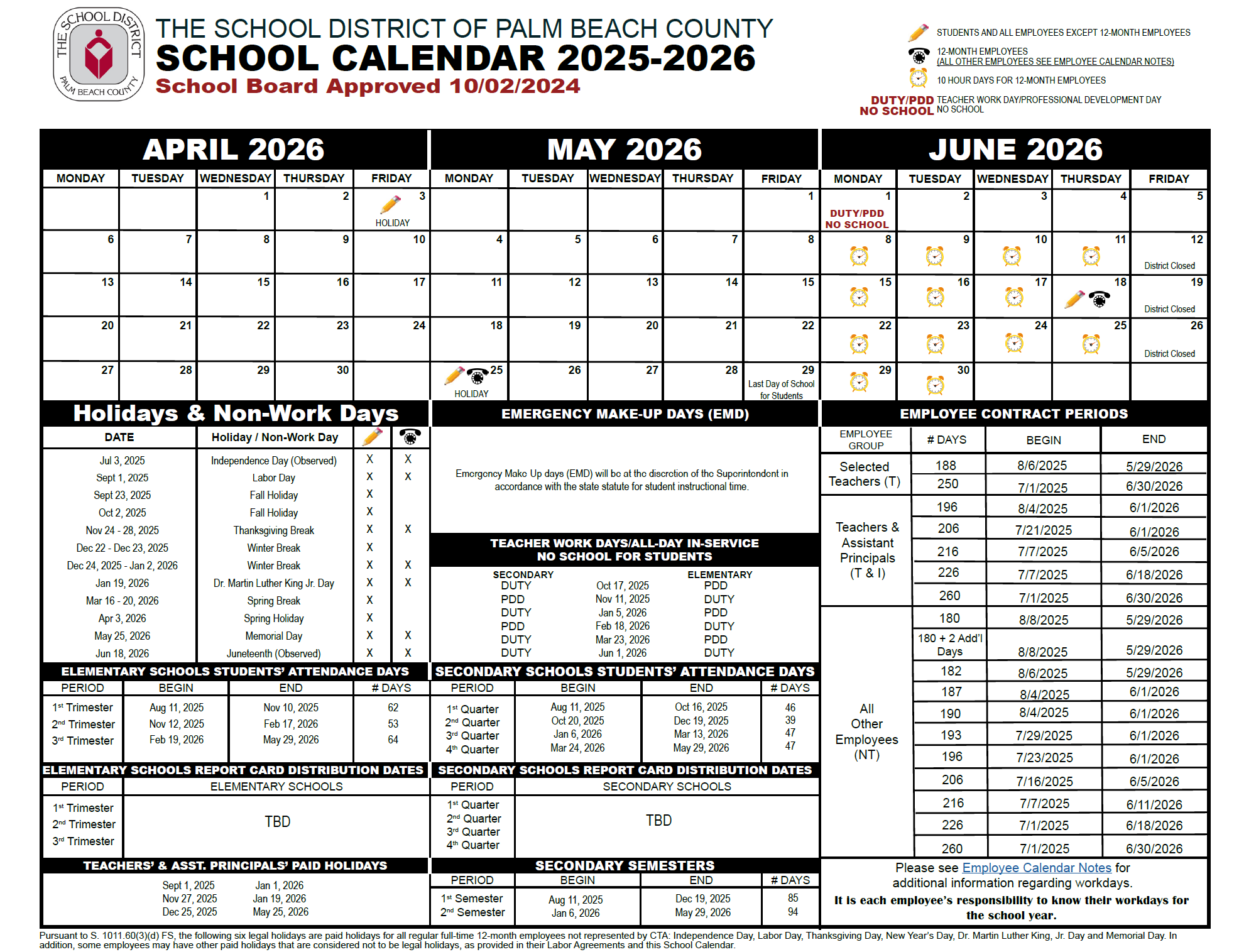 Palm Beach School Calendar July 2019 - March 2020