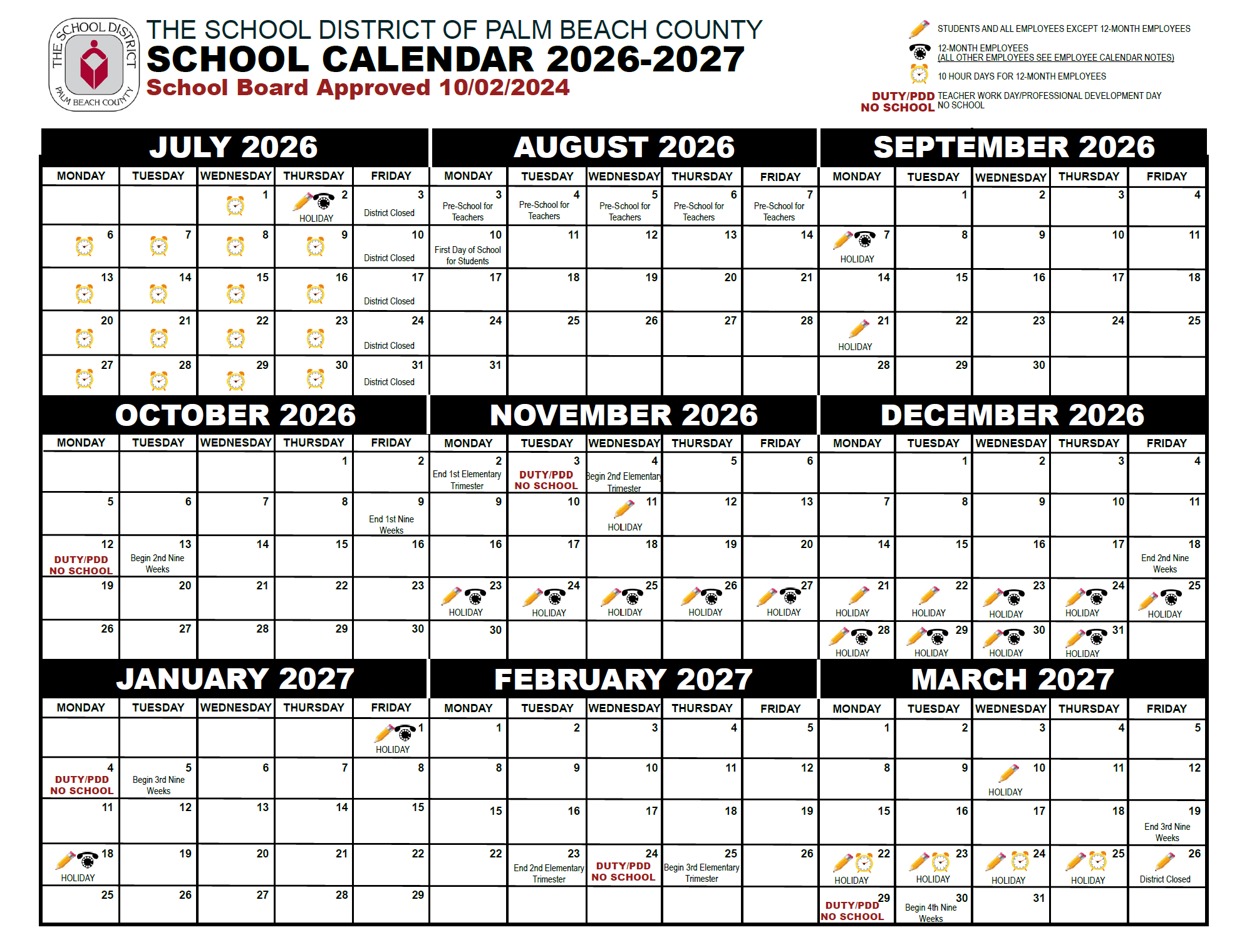 Palm Beach School Calendar July 2019 - March 2020