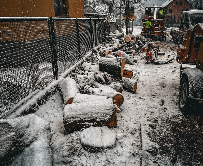 Snow-covered logs and branches piled along a fence with workers and machinery in the background during snowy weather.