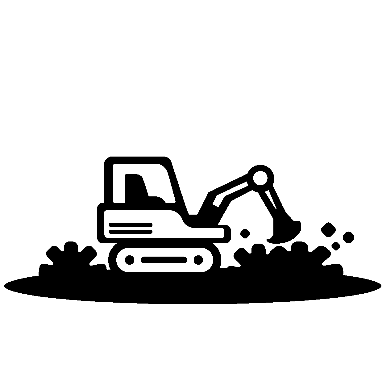 Silhouette of a tracked excavator digging and moving debris on the ground.