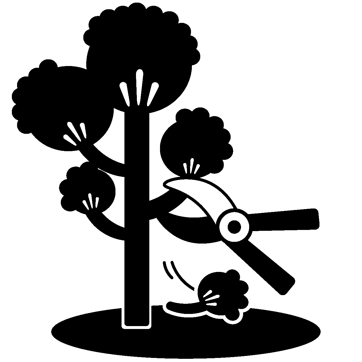 Silhouette of a tree being pruned with pruning shears cutting one branch.