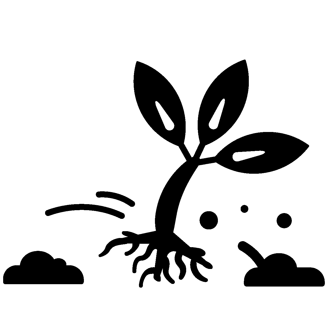 Black silhouette of a sprouting plant with three leaves and roots, surrounded by soil clumps and small dots.