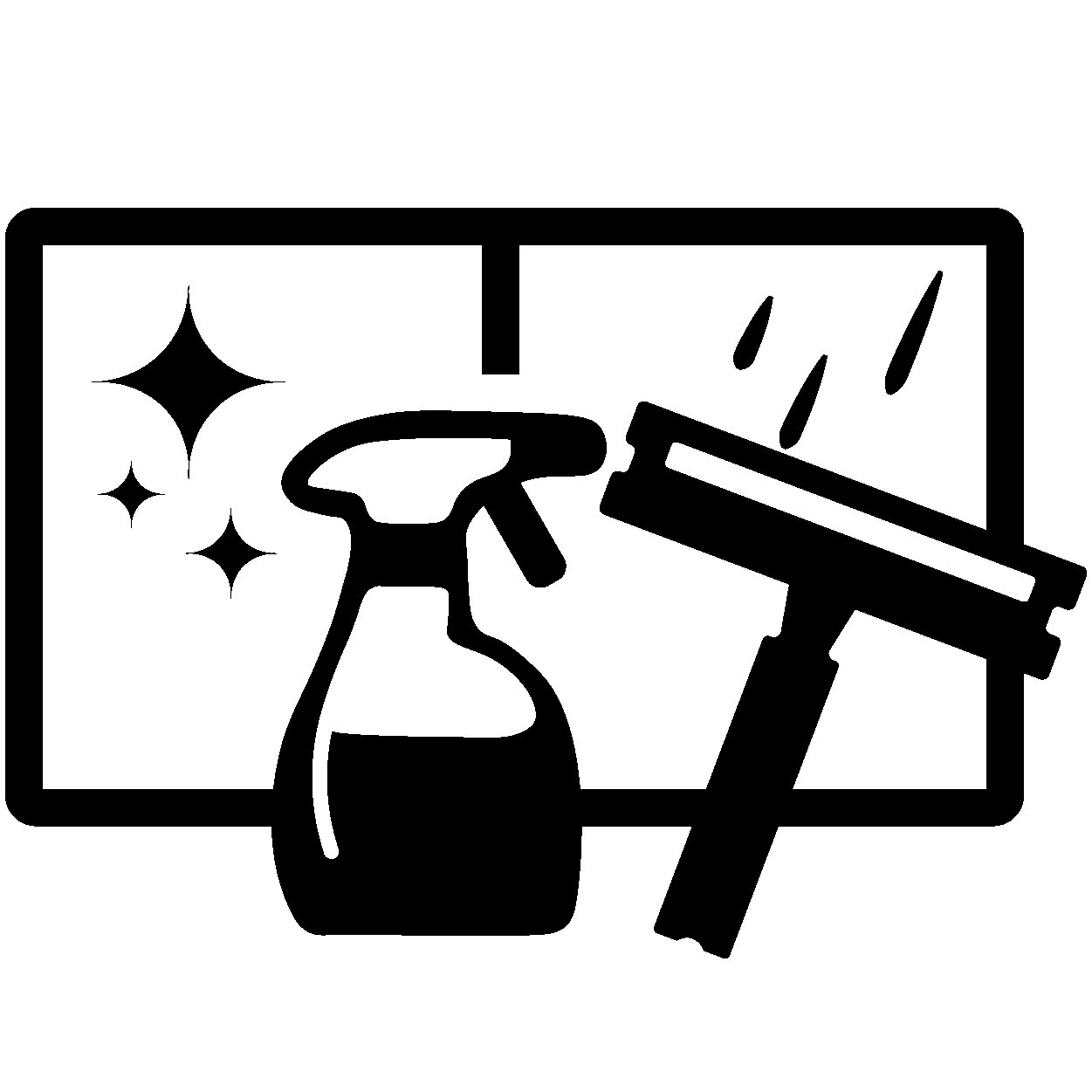 Icon of window cleaning with a spray bottle, squeegee, and sparkling clean window.