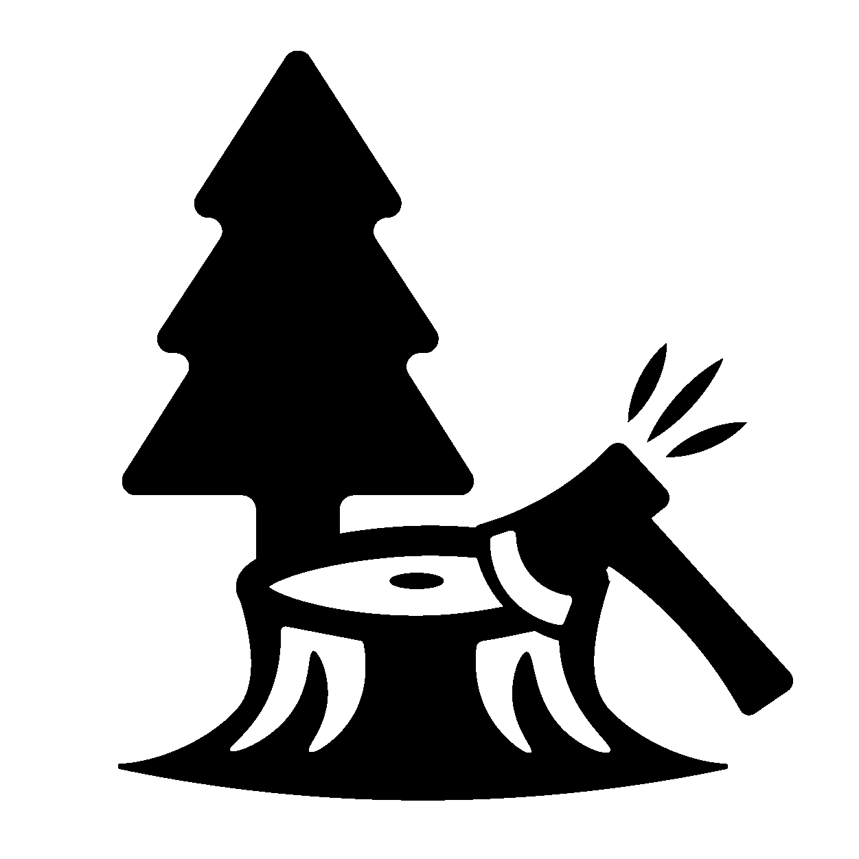 Silhouette of a tree stump with an axe stuck in it and a pine tree in the background.