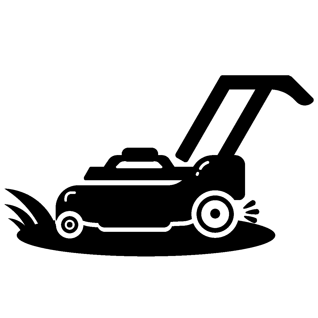 Black silhouette of a lawn mower cutting grass with grass clippings blowing out.