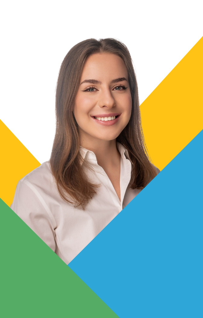 Smiling woman with long brown hair wearing a white shirt against a white background with yellow, blue, green shapes.