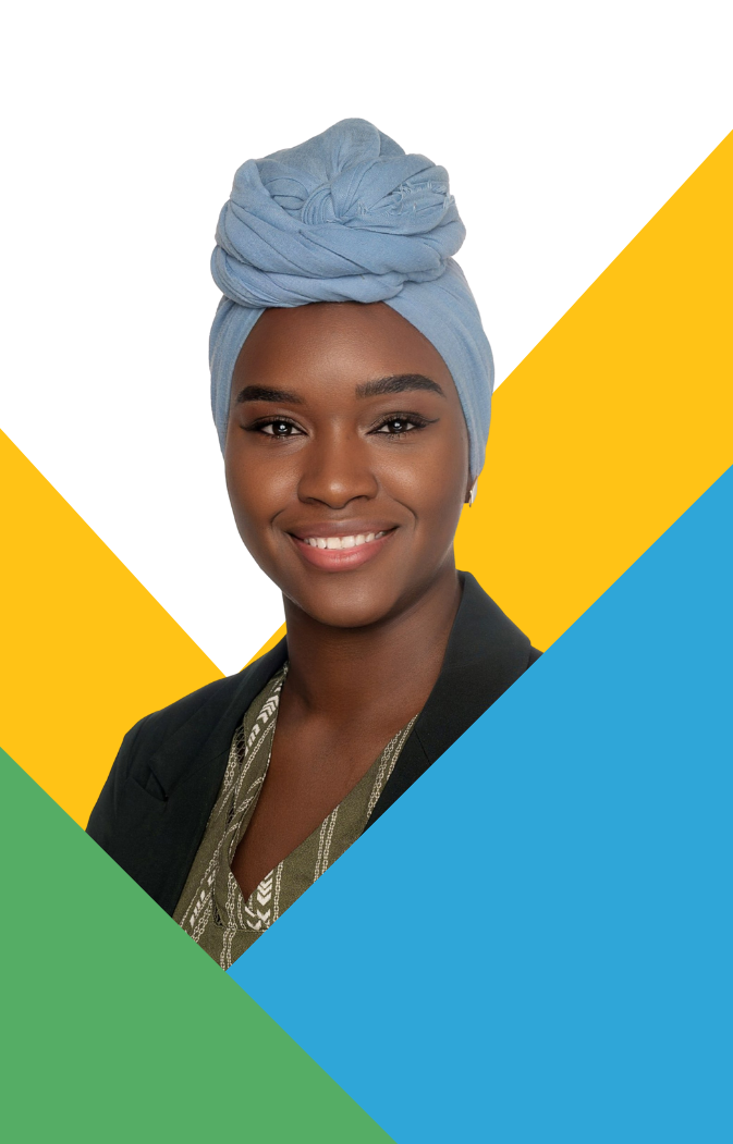 Smiling woman wearing a light blue headwrap and dark blazer against white and colored geometric shapes.