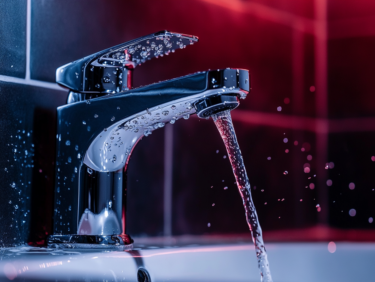 A large semi-truck with trailer driving on a dark, foggy highway at night with headlights and street lamps lit.