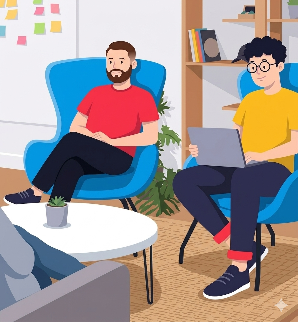 Gracjan en Krystian van Scrollspark bespreken een marketingcampagne