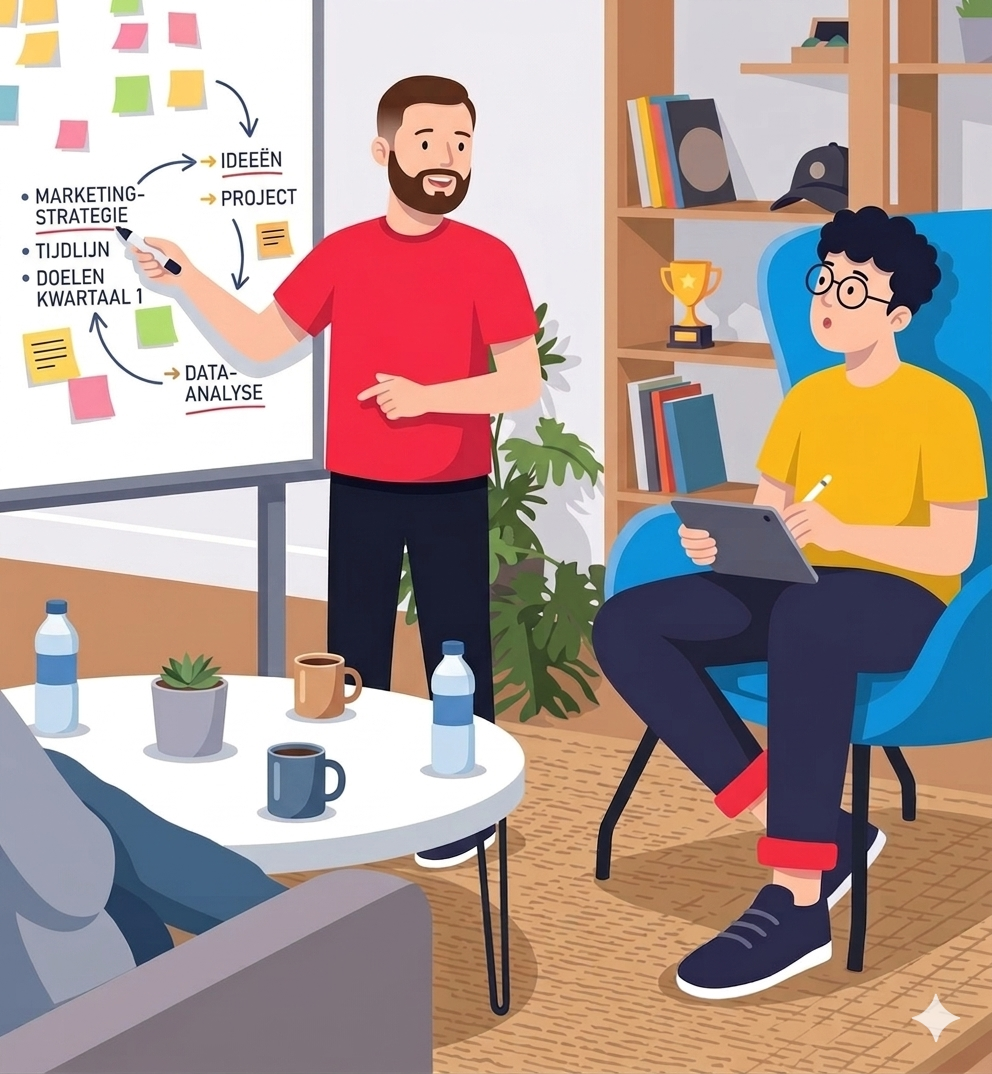 Gracjan presenteert een marketingstrategie aan Krystian