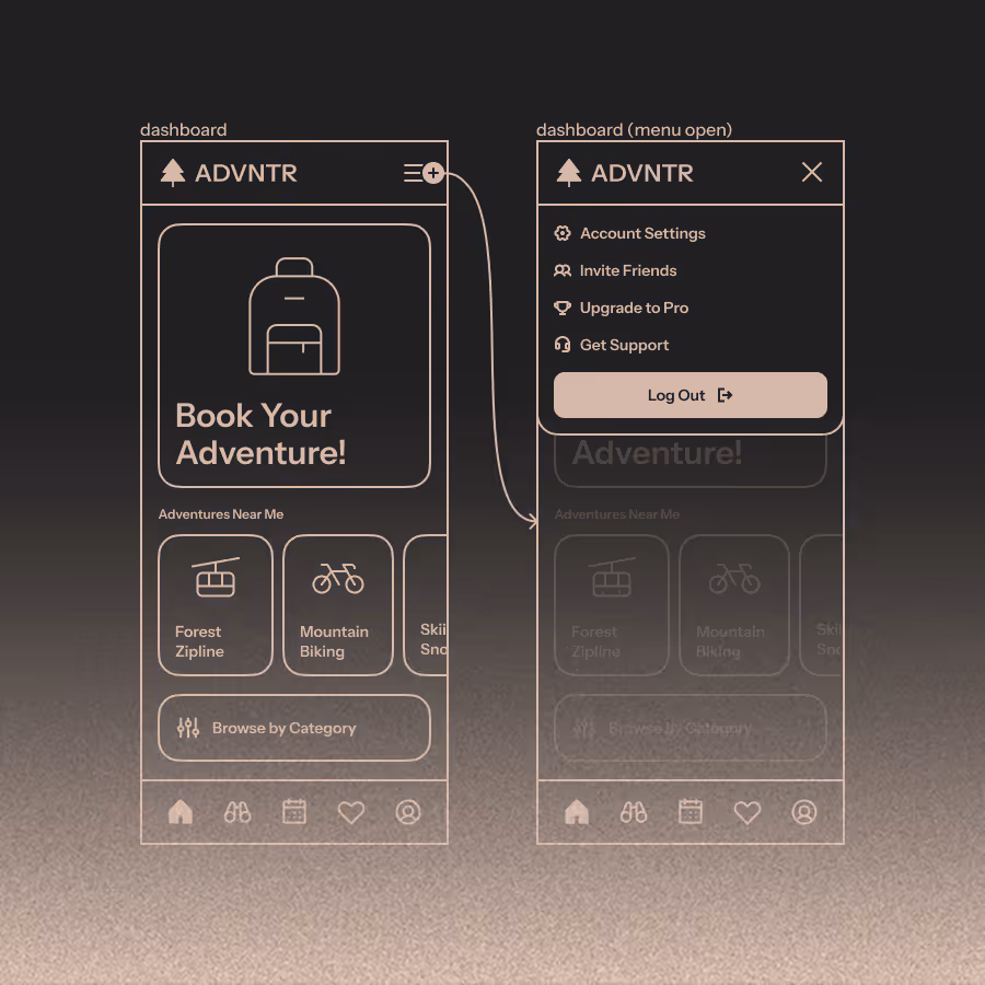 Interface design showing ADVNTR app dashboard with adventure booking options and an open menu with account settings, invite friends, upgrade, support, and logout button.