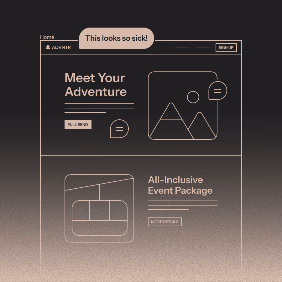 Website interface with 'Meet Your Adventure' headline, a mountain and sun icon, and an 'All-Inclusive Event Package' section with a 'More Details' button.