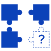 Four blue puzzle pieces with one piece showing a question mark, indicating a missing or unknown piece.