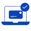 Blue laptop with a messaging icon on screen and a blue checkmark badge in the top right corner.