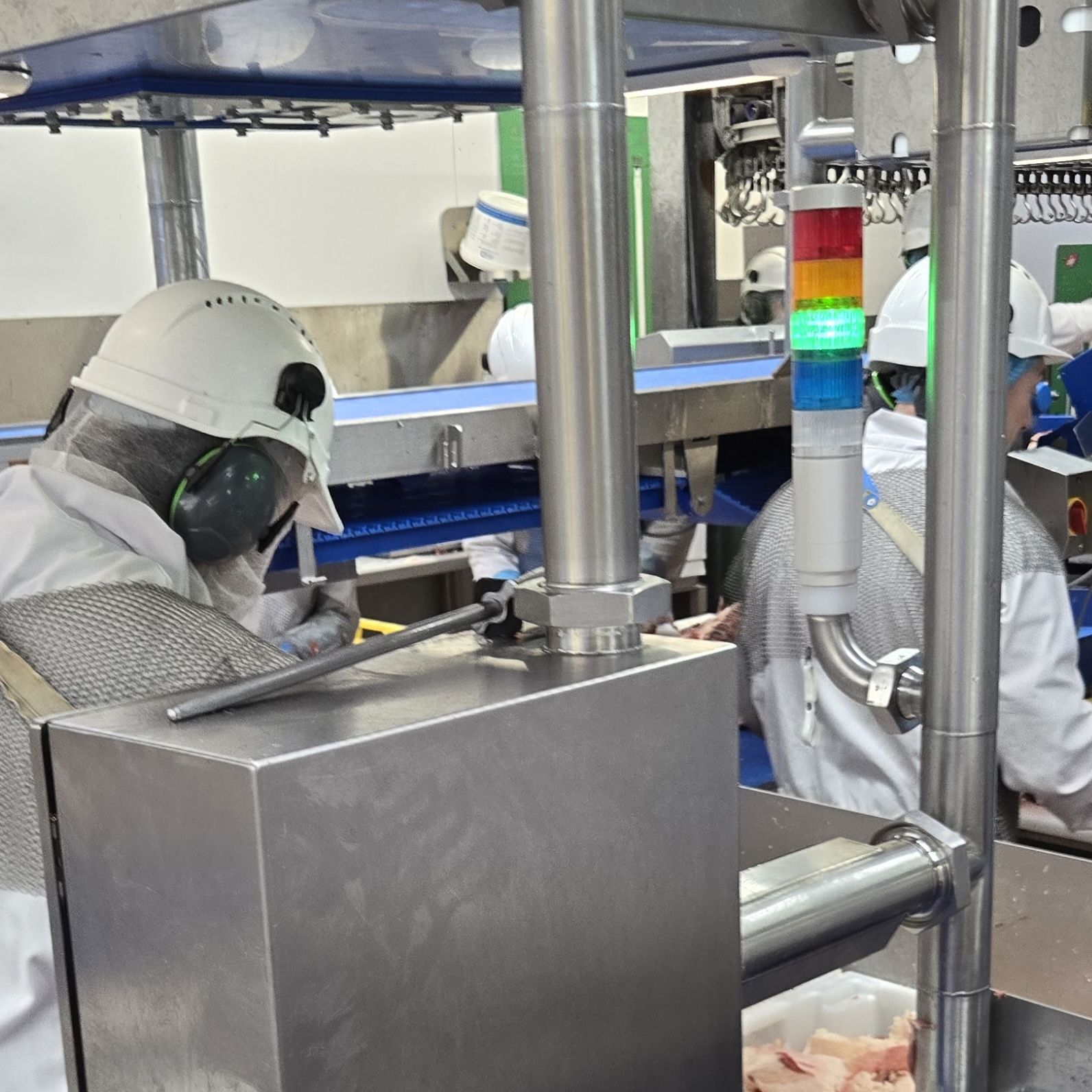 Andon stack light glowing green beside workers on a meat processing line, signaling the line in real time