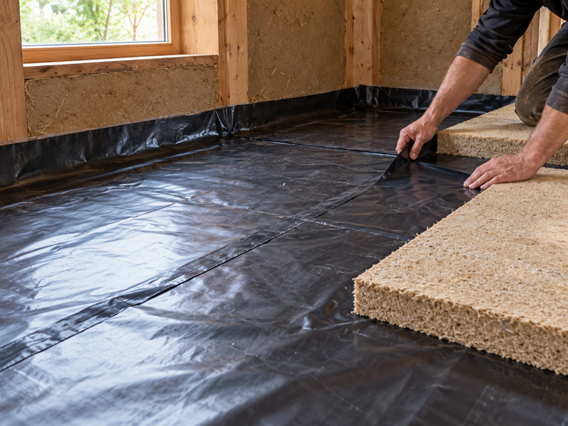 AI-generated image: moisture membrane and insulation boards on the floor